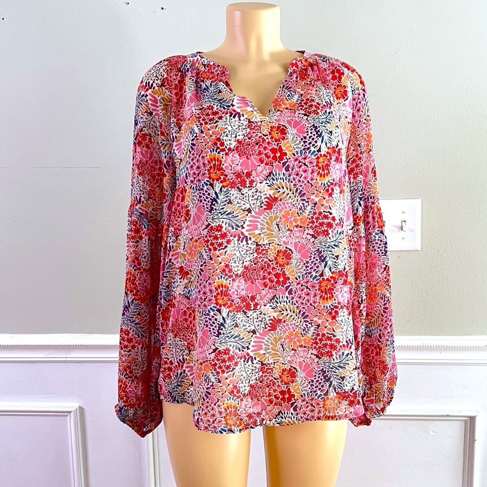 Boho Floral Blouse Large Women V-Neck Boho Long Sleeve Pink Red Peasant